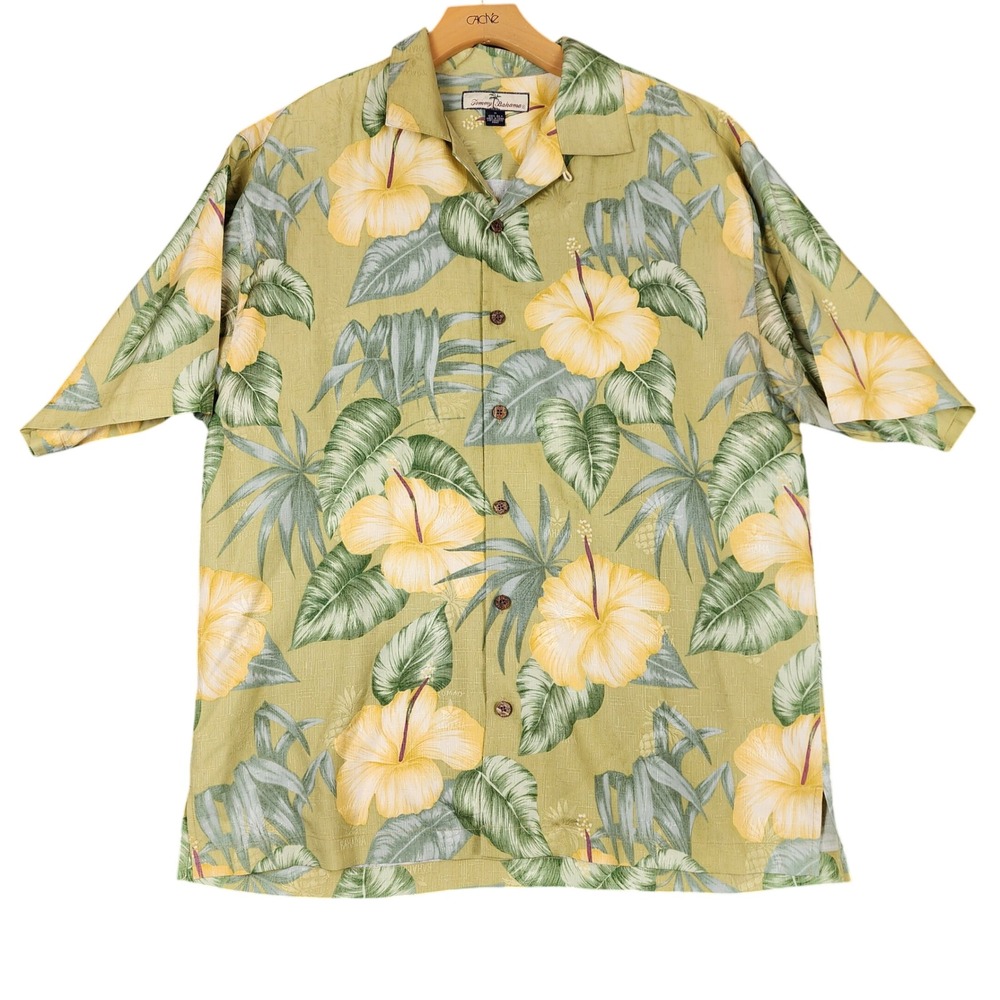 Tommy Bahama Mens M Silk Hibiscus Floral Palm Leaf Camp Shirt Sage Green Yellow